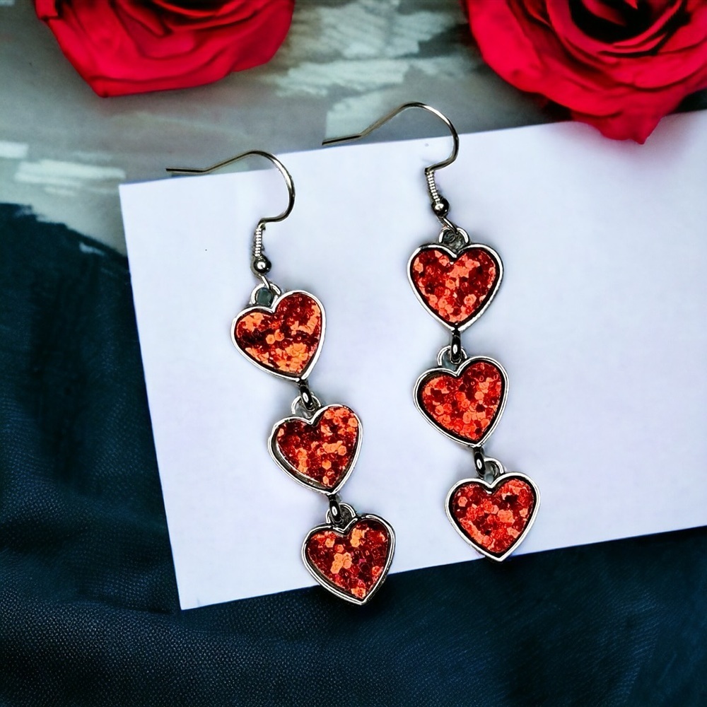 Silver & Red Heart Trio Glitter Dangle Drop Earrings Nwt